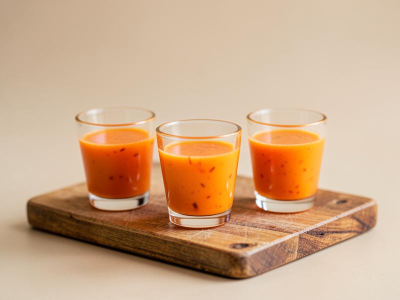 Shots detox alaranjados em copinhos pequenos